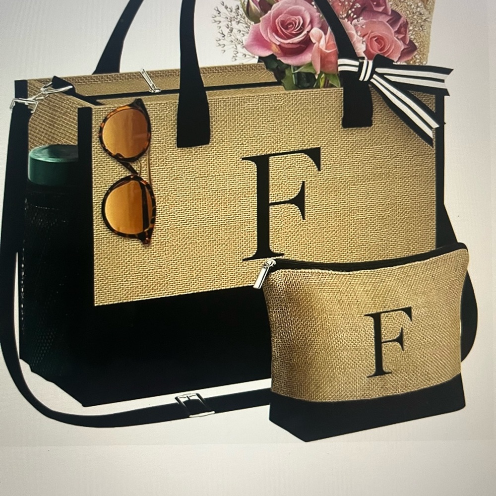 Tote made of Jute (initial F) with Cosmetic Bag NEW